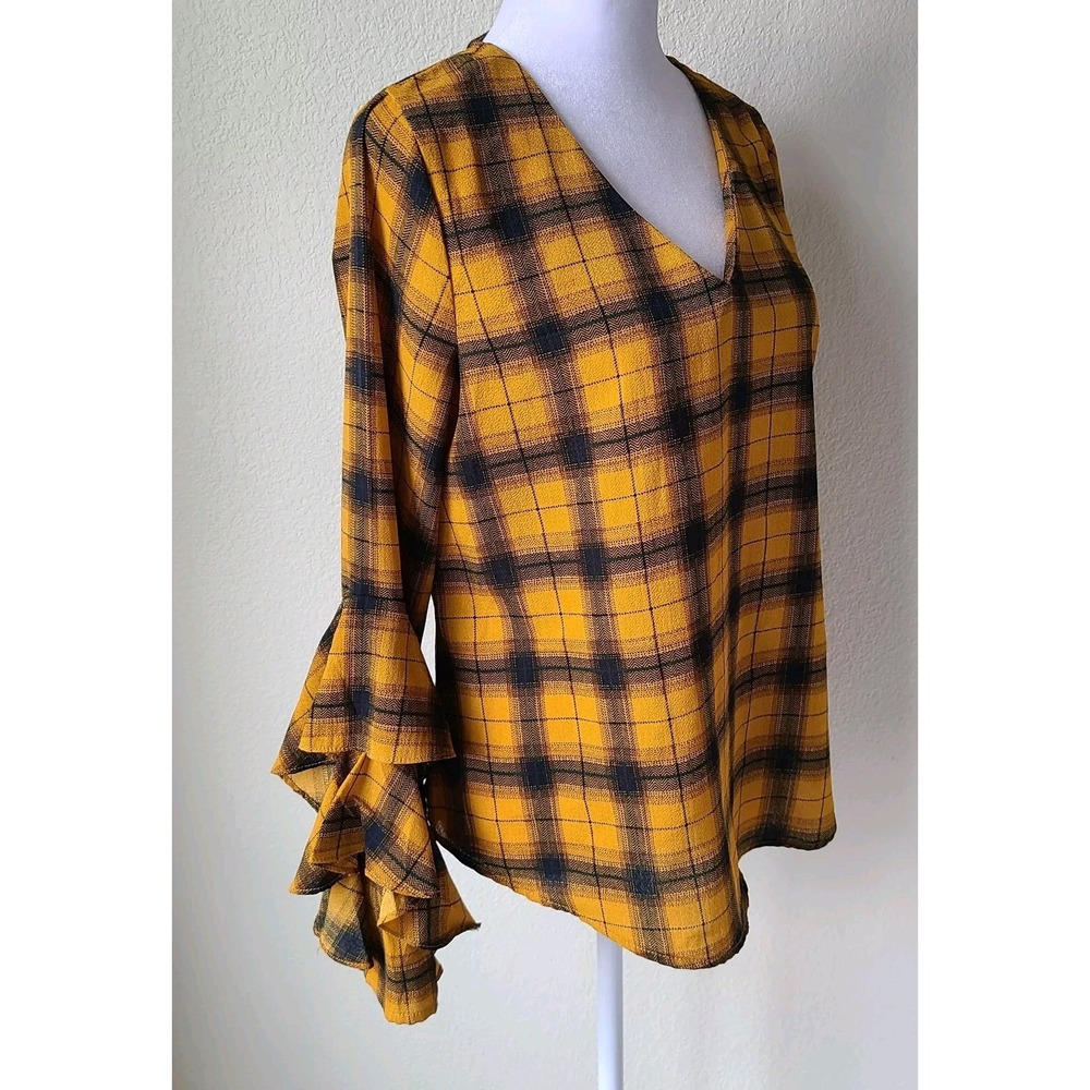 Altar'd State Plaid Academia Top Tunic Small Ruffle‎ Bell Sleeves School Office - Picture 4 of 10